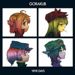  ahoge akaza_akari album_cover annoyed black_hair blonde_hair blue_eyes bow cover demon_days_cover food funami_yui goggles goggles_on_head gorillaz hair_bun hat hat_bow highres long_hair looking_at_viewer looking_up mouth_hold multiple_girls padvracteha parody pink_hair plaid pocky purple_eyes short_hair toshinou_kyouko twintails white_background yoshikawa_chinatsu yuru_yuri 