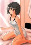  amagami bare_shoulders bed black_hair blush breasts brown_hair cleavage medium_breasts messy_hair murasaki_iro nanasaki_ai short_hair shorts sitting solo tan tank_top tanline wariza 