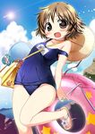  bag blush brown_eyes brown_hair hair_ornament hat hidamari_sketch innertube nagayama_yuunon one-piece_swimsuit sandals school_swimsuit short_hair smile solo strap_slip straw_hat swimsuit ume-sensei x_hair_ornament yuno 