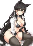  1girl alternate_costume animal_ears artist_name ass asya atago_(azur_lane) azur_lane bangs between_legs bikini black_bikini black_hair black_legwear blush breasts brown_eyes cleavage closed_mouth extra_ears eyebrows_visible_through_hair hair_ribbon hand_between_legs high_heels highleg highleg_bikini highres jacket large_breasts logo long_hair looking_at_viewer mole mole_under_eye ribbon shrug_(clothing) sidelocks sitting skindentation sleeve_cuffs solo swept_bangs swimsuit thighhighs thighs white_footwear white_ribbon wrist_cuffs yokozuwari 