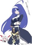  ahoge artist_request blue_eyes blue_hair blush breasts chibi crossed_arms dress hairband huge_ahoge large_breasts long_hair multiple_girls one_eye_closed orie_(under_night_in-birth) red_eyes signature translation_request under_night_in-birth vatista white_hair 