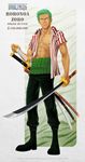  1boy abs black_pants boots character_name copyright_name earrings frown full_body green_hair haramaki highres jewelry male male_focus muscle one_piece open_clothes open_shirt pants roronoa_zoro sabaody_archipelago scar sheathed_sword shirt silver_tea_house silvertea solo standing striped striped_shirt sword title_drop weapon 