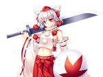  animal_ears armpits bare_shoulders breasts detached_sleeves game_cg hat inubashiri_momiji japanese_clothes leaf medium_breasts midriff navel no_bra red_eyes riv shield short_hair sideboob solo sword tokin_hat touhou transparent_background weapon white_hair wolf_ears 