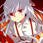  bow fujiwara_no_mokou glowing glowing_eyes hair_bow long_hair long_sleeves marimo_danshaku puffy_sleeves red_eyes solo suspenders touhou white_hair 