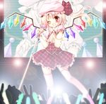  adapted_costume blush crystal fang flandre_scarlet hat hat_ribbon idol meiya_neon microphone one_eye_closed open_mouth pointing puffy_sleeves red_eyes ribbon short_sleeves side_ponytail solo touhou wings 
