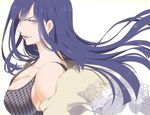  b-cat bare_shoulders blue_hair breasts cleavage clenched_teeth from_side hyuuga_hinata large_breasts lips long_hair naruto naruto:_road_to_ninja naruto_(series) silver_eyes simple_background solo teeth white_background 