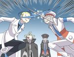  4boys akuroma_(pokemon) battle blonde_hair blue_hair geechisu_(pokemon) glasses green_hair hat kudari_(pokemon) male male_focus multicolored_hair multiple_boys necktie nobori_(pokemon) pokemon pokemon_(game) pokemon_bw pokemon_bw2 robe tie two-tone_hair what white_hair 