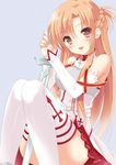  :d asuna_(sao) bare_shoulders between_legs blush braid breastplate brown_eyes cross cross_print detached_sleeves holding holding_sword holding_weapon light_brown_hair long_hair looking_at_viewer open_mouth pan_(mimi) simple_background sitting smile solo striped striped_legwear sword sword_art_online thighhighs very_long_hair weapon white_legwear 