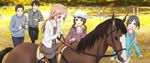  3girls :d :o animal black_hair black_legwear brown_eyes brown_hair camera hat highres horse horseback_riding jacket maeda_atsuhiro miyamoto_konatsu multiple_boys multiple_girls official_art okita_sawa open_mouth pantyhose reins riding running sabure sakai_wakana screencap short_hair sky smile sweater tanaka_taichi tari_tari 