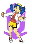  backpack bag bike_shorts blue_eyes blue_hair cropped_jacket crystal_(pokemon) full_body hat holding holding_poke_ball low_twintails poke_ball pokemon pokemon_(game) pokemon_gsc shoes simple_background sneakers solo tegaki twintails 