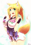  absurdres animal_ear_fluff animal_ears bad_id bad_pixiv_id blonde_hair bottomless breasts bridal_gauntlets dog_days fox_ears fox_tail green_eyes highres large_breasts long_hair naomi_(sekai_no_hate_no_kissaten) open_mouth sash shiny shiny_skin simple_background sleeveless smile solo tail tail_raised thigh_gap yukikaze_panettone 