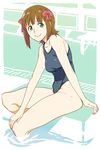  amami_haruka bad_id bad_pixiv_id brown_hair green_eyes hair_ribbon highres idolmaster idolmaster_(classic) looking_at_viewer one-piece_swimsuit partially_submerged pool ribbon short_hair sitting smile solo swimsuit thesale 