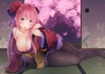  bit_(keikou_syrup) blue_eyes blush breasts butterfly cherry_blossoms cleavage flowers long_hair megurine_luka no_bra pink_hair ribbons vocaloid 