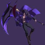  abs black_hair boots dark_skin dark_skinned_male french-bread glowing glowing_eye gordeau huge_weapon jacket jpeg_artifacts knee_boots male_focus official_art open_clothes open_jacket purple_eyes scythe simple_background solo spiked_hair under_night_in-birth weapon 