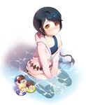 black_hair black_legwear blush braid cardigan chibi gilse hood hooded_jacket innertube jacket long_hair looking_at_viewer looking_up off_shoulder original partially_submerged school_swimsuit sitting solo swimsuit swimsuit_under_clothes thighhighs v_arms wariza water yellow_eyes 