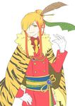  androgynous arm_up blonde_hair cape eyelashes eyeliner feathers flower fur_trim gloves hair_bun hair_feathers hair_ornament hair_over_one_eye hair_stick hand_on_hip hato_moa hatoful_kareshi looking_at_viewer makeup male_focus multicolored_hair necktie nishikikouji_tohri official_art orange_hair personification sash simple_background smile smug solo white_background white_gloves yellow_eyes 