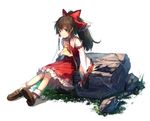  ascot bow brown_eyes brown_hair detached_sleeves eho_(icbm) hair_bow hair_tubes hakurei_reimu long_hair ponytail rock sitting sitting_on_rock smile solo touhou white_background wide_sleeves 