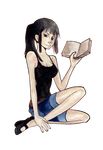  1girl black_hair black_shirt blue_eyes book female full_body looking_at_viewer nico_robin one_piece ponytail reading shirt shorts transparent_background young younger 
