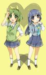  aoki_reika blue_eyes blue_hair blue_neckwear blush green_eyes green_hair green_neckwear hair_ribbon hair_tubes highres long_hair looking_at_viewer looking_up midorikawa_nao multiple_girls nanairogaoka_middle_school_uniform necktie open_mouth ponytail precure prussian_blue ribbon school_uniform short_hair skirt sleeves_rolled_up smile smile_precure! sweater_vest v 