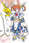  adapted_costume alternate_weapon armor brown_hair fingerless_gloves gloves kuzuryuu_kennosuke lyrical_nanoha mahou_shoujo_lyrical_nanoha mecha_musume panties purple_eyes raising_heart short_twintails smile solo takamachi_nanoha twintails underwear weapon zoom_layer 