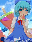  bad_id bad_pixiv_id blue_eyes blue_hair bow cirno dress food fruit goyouga-deann hair_bow ice ice_wings licking panties popsicle ribbon sand short_hair short_sleeves solo touhou underwear watermelon wings 