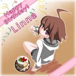  ahoge brown_hair cake cream cream_on_face eating ecole food food_on_face fork french-bread happy_birthday hood hoodie indian_style linne looking_up official_art purple_eyes short_hair shorts sitting solo under_night_in-birth 