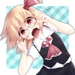  ascot bespectacled blonde_hair blush face fangs glasses head_tilt open_mouth razy_(skuroko) red_eyes rumia short_hair solo touhou upper_body 
