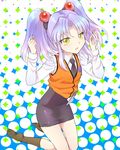  ayamoto black_legwear hair_bobbles hair_ornament hoshino_ruri kidou_senkan_nadesico kneeling lavender_hair miniskirt no_shoes pencil_skirt skirt socks solo twintails uniform yellow_eyes 