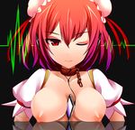  bad_id bad_pixiv_id bandages between_breasts blush breasts breasts_outside bun_cover chain choker collar cuffs digital_media_player double_bun headphones highres ibaraki_kasen looking_at_viewer medium_breasts nipples one_eye_closed open_clothes open_shirt pink_eyes pink_hair puffy_sleeves red_eyes red_hair reflection shackles shirt short_hair short_sleeves smile solo touhou upper_body waveform yoshimo 