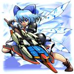  adapted_costume advent_cirno alternate_weapon blue_eyes blue_hair bow cirno detached_wings gundam hair_bow ice ice_wings matirine open_mouth short_hair solo stance touhou wave_rider weapon wings zeta_gundam zeta_gundam_(mobile_suit) 