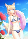  animal_ears bad_id bad_pixiv_id beach bikini blonde_hair blue_eyes blurry blush breasts cleavage cloud day depth_of_field flower fox_ears fox_tail hibiscus highres innertube large_breasts long_hair ocean original outdoors sidelocks sky solo striped striped_bikini swimsuit tail water zeroshiki_kouichi 