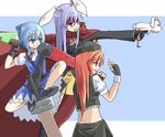  adapted_costume advent_cirno animal_ears armor bad_id bad_pixiv_id blue_eyes blue_hair boko_(maniacpurple) bow braid bunny_ears cape cirno dual_wielding finger_on_trigger fingerless_gloves gloves gun hair_bow handgun hat headband highres holding hong_meiling long_hair long_sleeves multiple_girls necktie open_mouth puffy_sleeves purple_hair red_eyes red_hair reisen_udongein_inaba short_hair short_sleeves side_braid single_braid smile star sword touhou weapon 