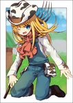  animal_print blonde_hair blue_eyes cow_print cowboy_hat haneten_kagatsu harvest_moon harvest_moon:_a_new_beginning hat open_mouth overalls rio_(harvest_moon) scarf smile solo 