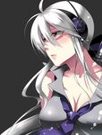  bow breasts caffein cleavage hair_bow headphones large_breasts lips long_hair looking_away necktie open_mouth ponytail red_eyes silver_hair simple_background solo vocaloid yowane_haku 
