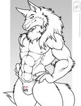  &lt;3 abs biceps black_and_white bulge canine claws ear_piercing inks invalid_tag looking_at_viewer male mammal monochrome muscles nipples pecs piercing sketch smile solo standing thong topless walter_sache wolf 