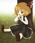  ascot bad_id bad_pixiv_id blonde_hair child eating outdoors red_eyes rumia shoes short_hair sitting socks solo touhou tree urin 