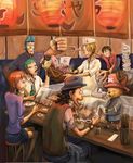  1girl 5boys apron black_hair blonde_hair blue_hair chopsticks cigarette drinking eating female food franky green_hair hair_over_one_eye hat lantern male monkey_d_luffy multiple_boys nami nami_(one_piece) necktie one_piece orange_hair paper_lantern purple_shirt red_shirt reindeer roronoa_zoro sanji shirt sitting smoking stretch tony_tony_chopper usopp vest white_shirt x_(symbol) 