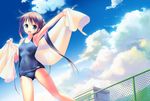  :d blue_eyes blue_swimsuit blush brown_hair cloud day fang fence hair_ornament highres holding long_hair looking_at_viewer one-piece_swimsuit open_mouth open_towel original school_swimsuit sky smile solo swimsuit takoyaki_(roast) towel twintails 