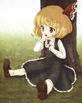  ascot bad_id bad_pixiv_id black_dress blonde_hair child dress eating hair_ribbon long_sleeves outdoors red_eyes revision ribbon rumia shoes short_hair sitting socks solo touhou tree under_tree urin 