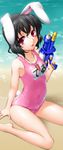  :p alternate_color_school_swimsuit animal_ears bare_legs bare_shoulders beach black_hair bunny_ears bunny_tail byeontae_jagga carrot carrot_necklace covered_navel inaba_tewi jewelry looking_at_viewer necklace ocean one-piece_swimsuit pendant pink_swimsuit red_eyes school_swimsuit shiny shiny_clothes short_hair sitting skindentation smile solo swimsuit tail tongue tongue_out touhou wariza water water_gun wet wet_clothes 
