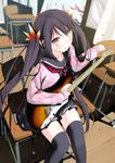  bad_id bad_pixiv_id banned_artist black_hair black_legwear chair curtains electric_guitar guitar heterochromia instrument long_hair long_sleeves mirai_(macharge) original petals red_eyes school_uniform solo table thighhighs twintails very_long_hair window yellow_eyes 