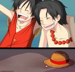  2boys black_hair brother brothers burning eyes_closed freckles hat hat_removed headwear_removed jewelry male male_focus monkey_d_luffy multiple_boys necklace one_piece open_mouth paper portgas_d_ace siblings smile straw_hat vest 