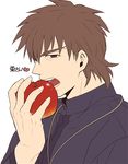  apple brown_eyes brown_hair eating fate/zero fate_(series) food fruit jewelry kotomine_kirei male_focus necklace solo zihad 