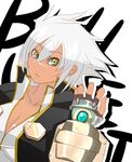  badge blazblue blazblue:_chronophantasma breasts bullet_(blazblue) cleavage dark_skin eito fingerless_gloves gloves large_breasts lowres popped_collar short_hair silver_hair solo yellow_eyes 