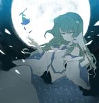  blue_flower blue_rose detached_sleeves flower frog_hair_ornament full_moon gohei green_eyes green_hair hair_ornament hair_tubes kakueki-teisha kochiya_sanae long_hair moon night rose slit_pupils solo touhou wide_sleeves 