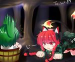  animal_ears blush_stickers bow braid bucket cat_ears cat_tail cave eila_yagyu fang fire green_hair hair_bow in_bucket in_container kaenbyou_rin kisume long_hair long_sleeves multiple_girls open_mouth puffy_sleeves red_eyes red_hair short_hair tail touhou twin_braids twintails wooden_bucket 