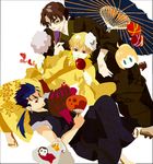  ahoge assassin_(fate/zero) bad_id bad_pixiv_id blonde_hair blue_hair brown_eyes brown_hair candy_apple carnival_phantasm cotton_candy fate/stay_night fate_(series) food geta gilgamesh grail-kun japanese_clothes kimono kotomine_kirei kuroihato lancer long_hair male_focus mask multiple_boys oriental_umbrella parasol ponytail red_eyes umbrella 