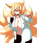  animal_ears bespectacled blonde_hair breasts brown_eyes cleavage clipboard coat dearmybrothers fox_ears fox_tail glasses groin highres holding huge_breasts labcoat leaning_forward multiple_tails no_bra no_panties open_clothes open_coat open_shirt shirt simple_background solo tail thighhighs touhou white_background yakumo_ran yellow_eyes 
