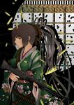  absurdres breasts brown_eyes brown_hair bullet_hole floral_print gun highres japanese_clothes kimono long_hair looking_at_viewer medium_breasts original shell_casing solo tetsua_rei very_long_hair weapon 