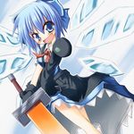  advent_cirno blue_eyes blue_hair blush bow cirno detached_wings hair_bow ice ice_wings long_sleeves open_mouth short_hair short_sleeves solo sword touhou weapon wings yuuji_(itadon) 